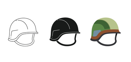 Fototapeta premium Military helmets Icon Vector Set in Three Styles — Line Art, Silhouette and Color Version,