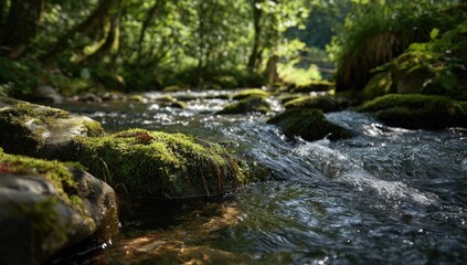 Obraz premium Sunlit forest stream flows over mossy rocks, vibrant greenery