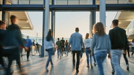 Crowd of commuters walking through modern urban plaza at sunset.