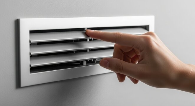 Hand adjusting air conditioning vent on wall for optimal airflow. Air conditioning control involves adjusting slats for proper ventilation and comfort in indoor spaces.
