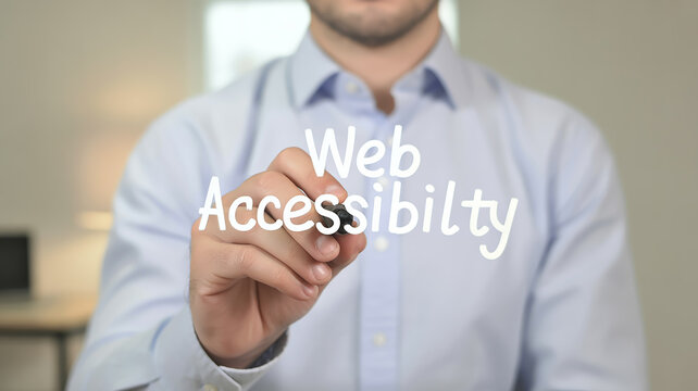 A professional marketing image showing a person in a light blue button-up shirt writing the text web accessibility in white letters on a clear surface