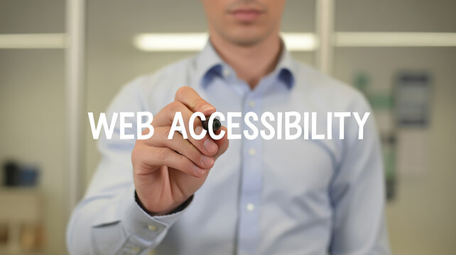 A professional marketing image showing a person in a light blue button-up shirt writing the text web accessibility in white letters on a clear surface