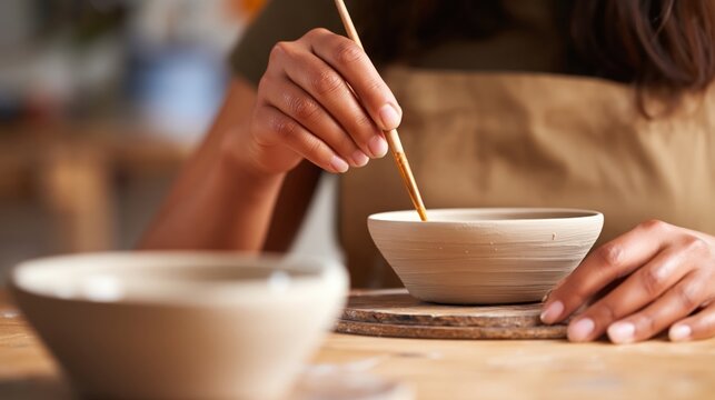 Close-up of artisan painting a ceramic bowl with a brush in a pottery studio.