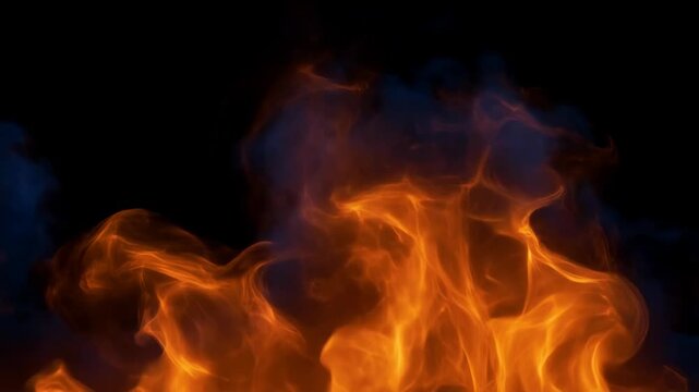 Flame with orange and blue colors on black background, burning with smoke and fire featuring heat, blaze, inferno with pyre and combustion elements