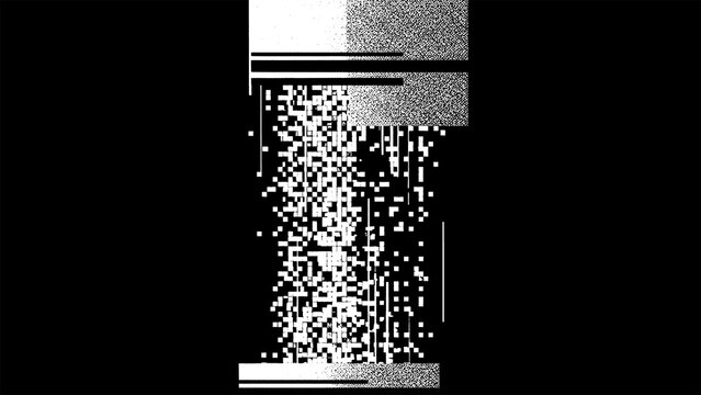 Glitchy qr code on a black background with white pixels texture design isolated on transparent background
