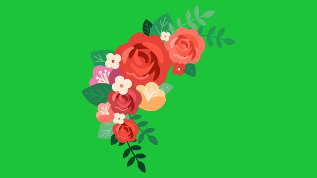 colorful floral bouquet with roses and leaves on green background simple loop animation for decoration design
