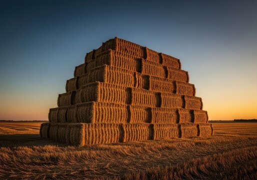 A giant mound of compressed golden hay bales sitting abandoned in an open agricultural field, symbolizing the complexity of a difficult search, stack, mound, hidden
