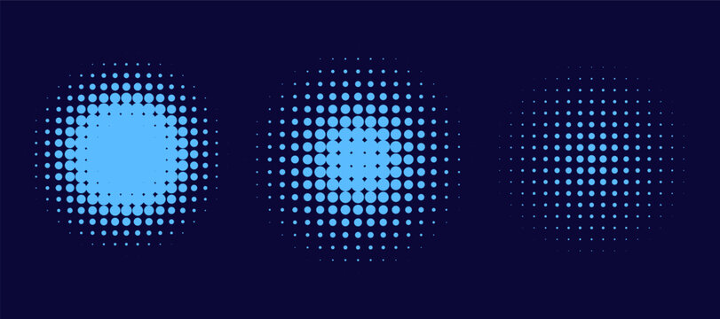 Halftone gradient. Dotted gradient, smooth dots spraying and halftones dot background seamless. Blue concentric ripple circles set. Sonar or sound wave rings collection.