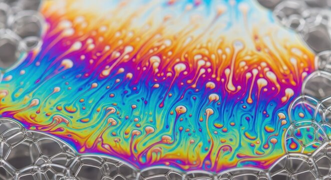 Abstract macro shot of colorful iridescent soap film. Capturing the delicate, reflective surface tension and vibrant rainbow hues, oil, iridescence, texture