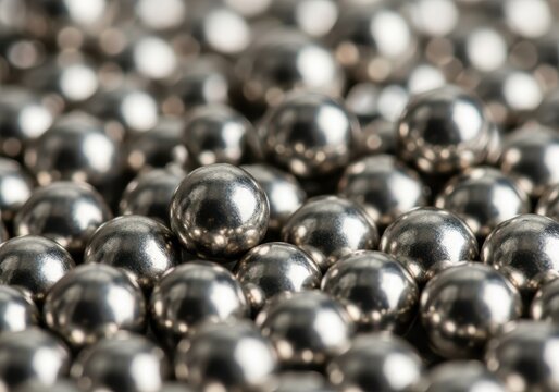 Close-up view of shiny pure nickel metal pellets, exhibiting smooth, reflective, and corrosion-resistant metallic properties for industry and technology, corrosion resistant, metallic, engineering