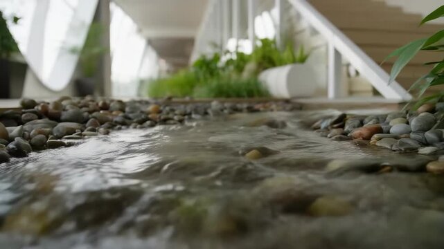 Stream small indoor flow with rocks and pebbles on floor featuring interior design, office decor, nature with water feature and relaxation elements