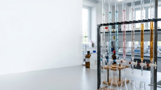 Chemistry lab setup with a series of glass burettes holding blue pink clear and amber liquids on a stand