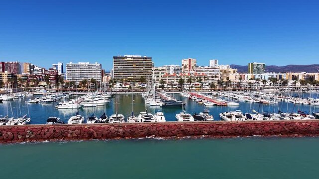Aerial view of a busy Mediterranean marina in Spain with numerous sailboats and yachts moored at docks, colorful coastal city buildings, palm trees and clear blue sky