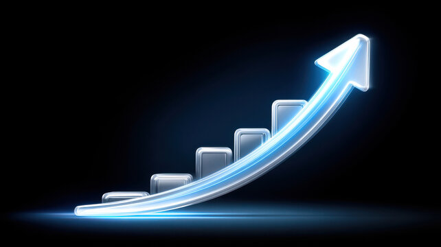 Glass upward arrow growth chart glowing futuristic digital graph showing rising trend and success with blue light effect, dynamic finance optimism