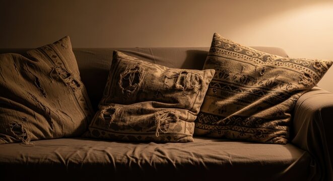 Worn threadbare decorative throw pillows with visible wear on a comfortable couch, showcasing aged textile beauty