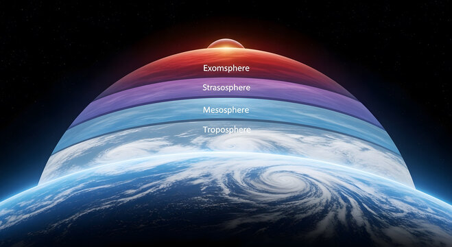 The four distinct layers of Earth's atmosphere are depicted clearly