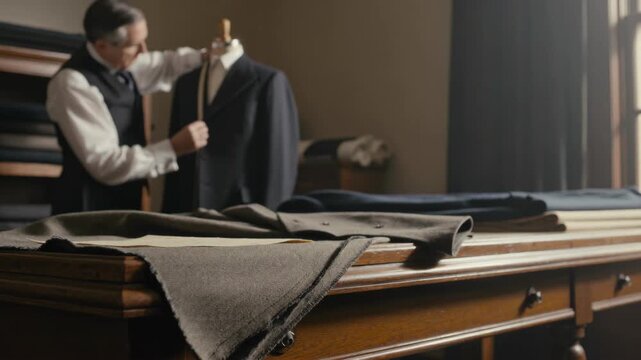 Tailor shop traditional with a man working on a garment and fabrics on a wooden table featuring clothing, fabric, wood with textile and fashion