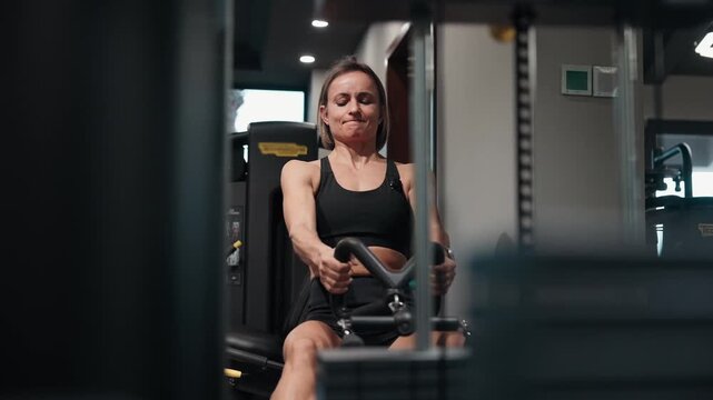 Athletic woman performing a seated cable row exercise in a modern gym, focusing on strengthening the back muscles. The movement targets the upper and middle back, shoulders, and core, helping to