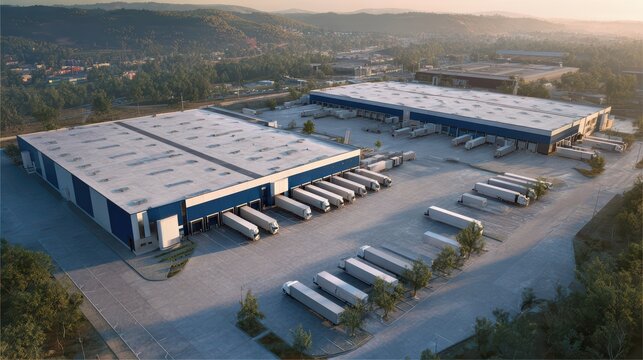 high wide drone capture of warehouse exterior with trucks loading goods, organized yard lines, realistic daylight colors, professional aerial photography