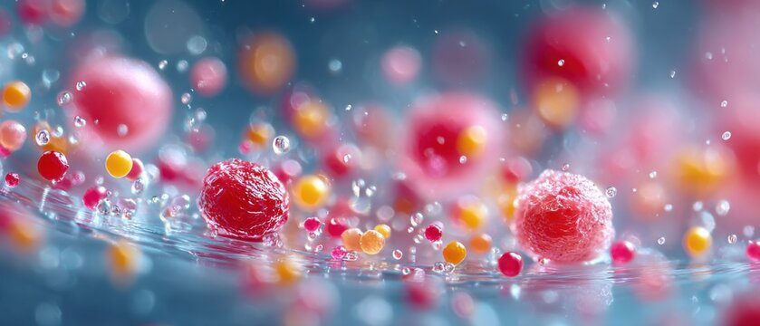Colorful abstract spheres with water droplets on a reflective surface