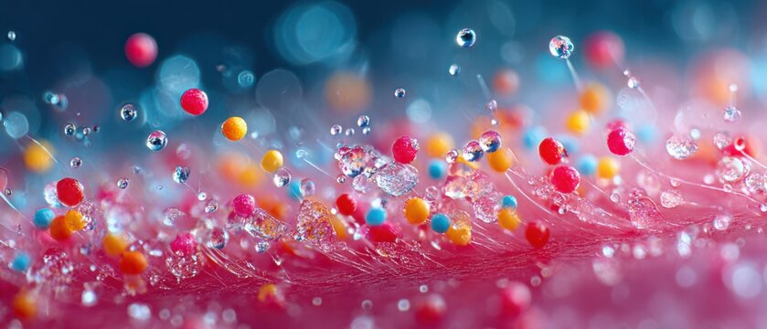 Colorful droplets and beads on pink surface with blurred background