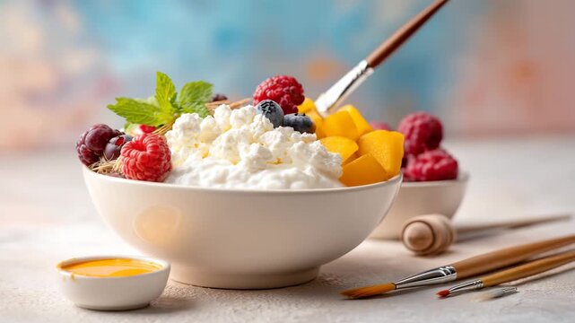 Creamy Cottage Cheese Bowl with Fresh Raspberries, Blueberries, Peach Slices, and Mint Leaves Garnish