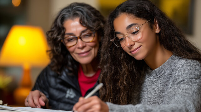 Hispanic teenage girl mentored by a middle-aged woman teacher, leaning over paperwork together, honest and focused, warm lamp lighting in a community room