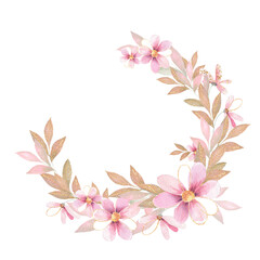 Fototapeta premium Romantic floral half-wreath with pink flowers and golden leaves. Elegant botanical border. Hand drawn aesthetic illustration.