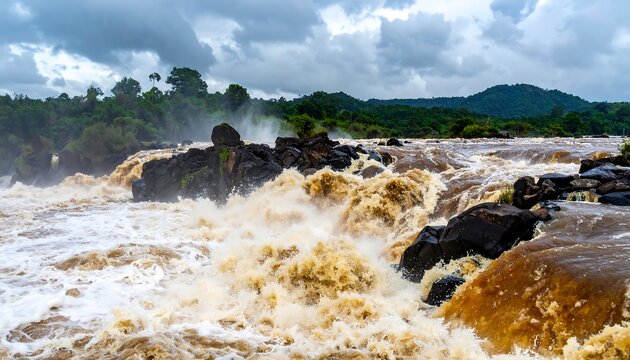 Rushing brown river with dark rocks and green forest under a cloudy sky