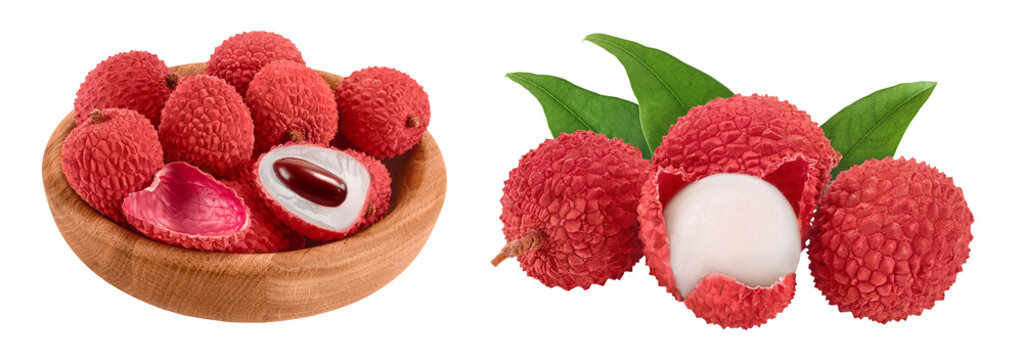 lychee fruit in wooden bowl isolated on white background with  full depth of field