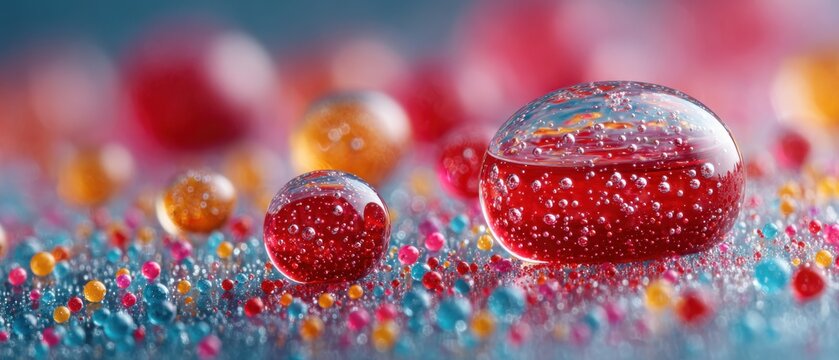 Close-up of colorful water droplets on a textured surface with bubbles