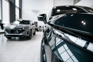 Fototapeta premium Close up of luxury car exterior in showroom. Automotive marketing concept. 