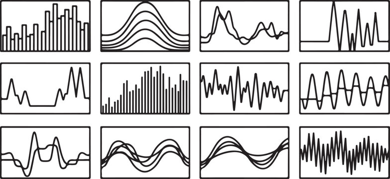 Various patterns and wave forms shown in black ink on graph paper background Vector