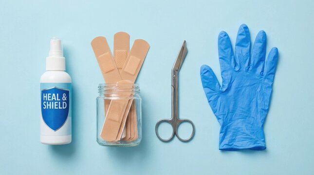Medical first aid items antiseptic spray adhesive bandages trauma shears and a blue protective glove on light blue