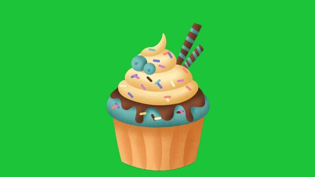 colorful cupcake with frosting sprinkles and chocolate topping on green background sweet dessert animation loop