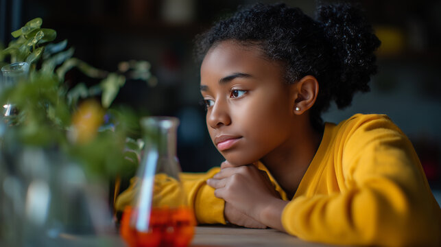 Curious Black girl examining colorful science experiment at kitchen table, soft afternoon light, close-up hands detail, contemplative mood