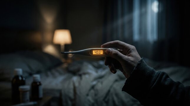 Hand holding a digital thermometer displaying 40 0 C in a dimly lit bedroom Medicine bottles are visible nearby