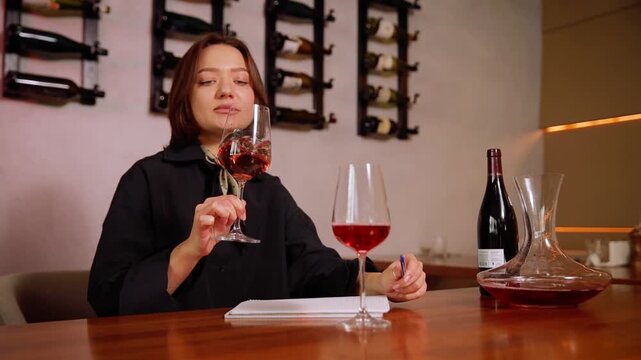 Woman sommelier evaluating wine, writing tasting notes with two glasses of rose wine on a wooden table, focusing on quality and expertise