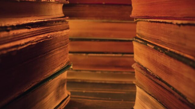 Library Towers Of Old Books, Slider Macro Moves On Aisle In Antique Shop.vintage
