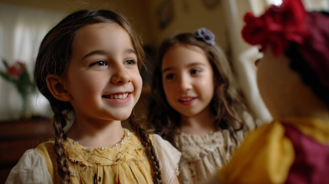 Three girls in mismatched dress-up clothes performing puppet show, living room setting, soft diffused natural light, joyful energy