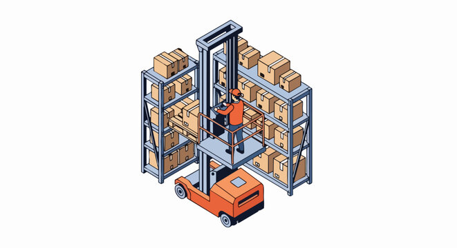 Isometric Warehouse Worker Using Order Picker Forklift to Stack Boxes on Shelves for Logistics and Fulfillment