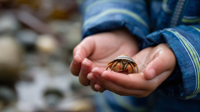 Close-up of small hands gently holding a hermit crab found at tide pool, soft overcast spring light, wonder and curiosity