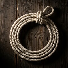 Obraz premium Traditional rope lasso coiled neatly, featuring a secure knot and loop, resting on a worn, dark wooden background, suggesting ranch life, western, cord, lasso