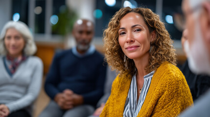 Fototapeta premium Multiracial support group circle seated in community center, soft overhead lighting, diverse adults sharing genuine emotional connection, documentary style