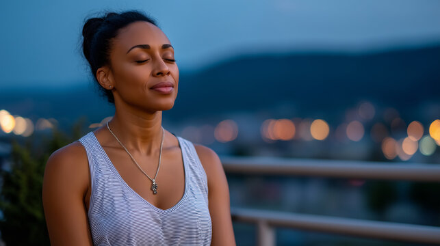 Young Black woman practicing breathing exercises on apartment balcony at twilight, soft blue hour light, serene and focused expression, editorial magazine quality