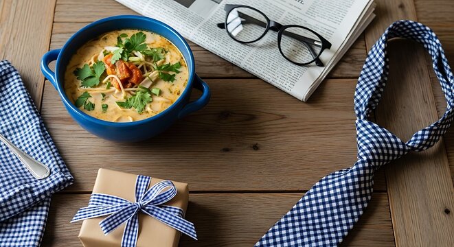 Celebrating fathers day a heartfelt breakfast in bed with soup glasses and a thoughtful gift