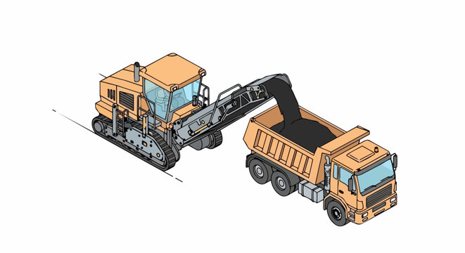 Isometric Vector Illustration of a Road Milling Machine Cold Planer Loading Asphalt into a Dump Truck for Infrastructure Construction and Highway Maintenance