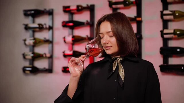 Professional sommelier woman testing rose wine aroma, holding a glass and evaluating characteristics in a wine tasting cellar