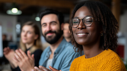 Fototapeta premium Group of diverse coworkers in open office acknowledging stress together, natural daylight, multicultural team, candid documentary feel