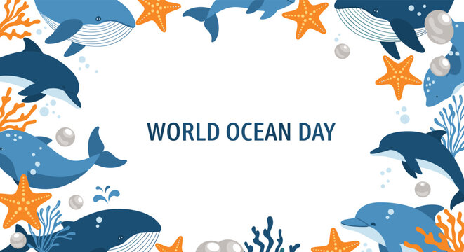 World Ocean Day graphic featuring a frame of blue whales dolphins orange starfish and shells around a central text on a white background.